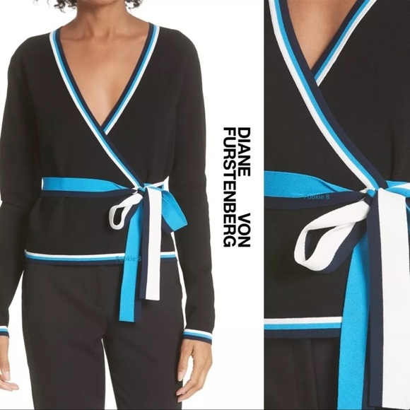 NWT DVF Knit Wrap Tops Black Long Sleeve Stripe - Picture 2 of 12